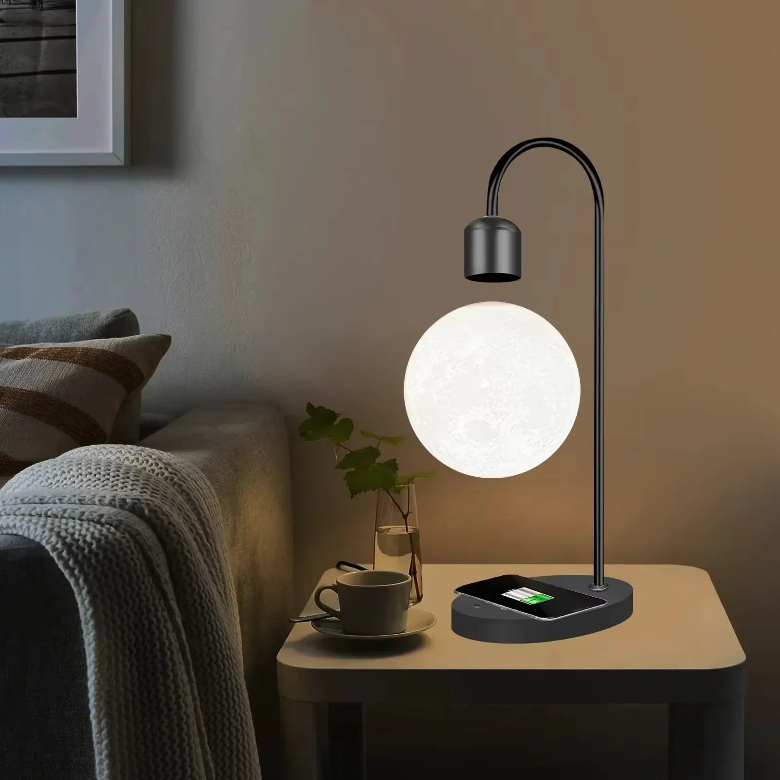 Magnetic Levitation 3D Printed Moon Lamp with LED Night Light and Wireless Charging