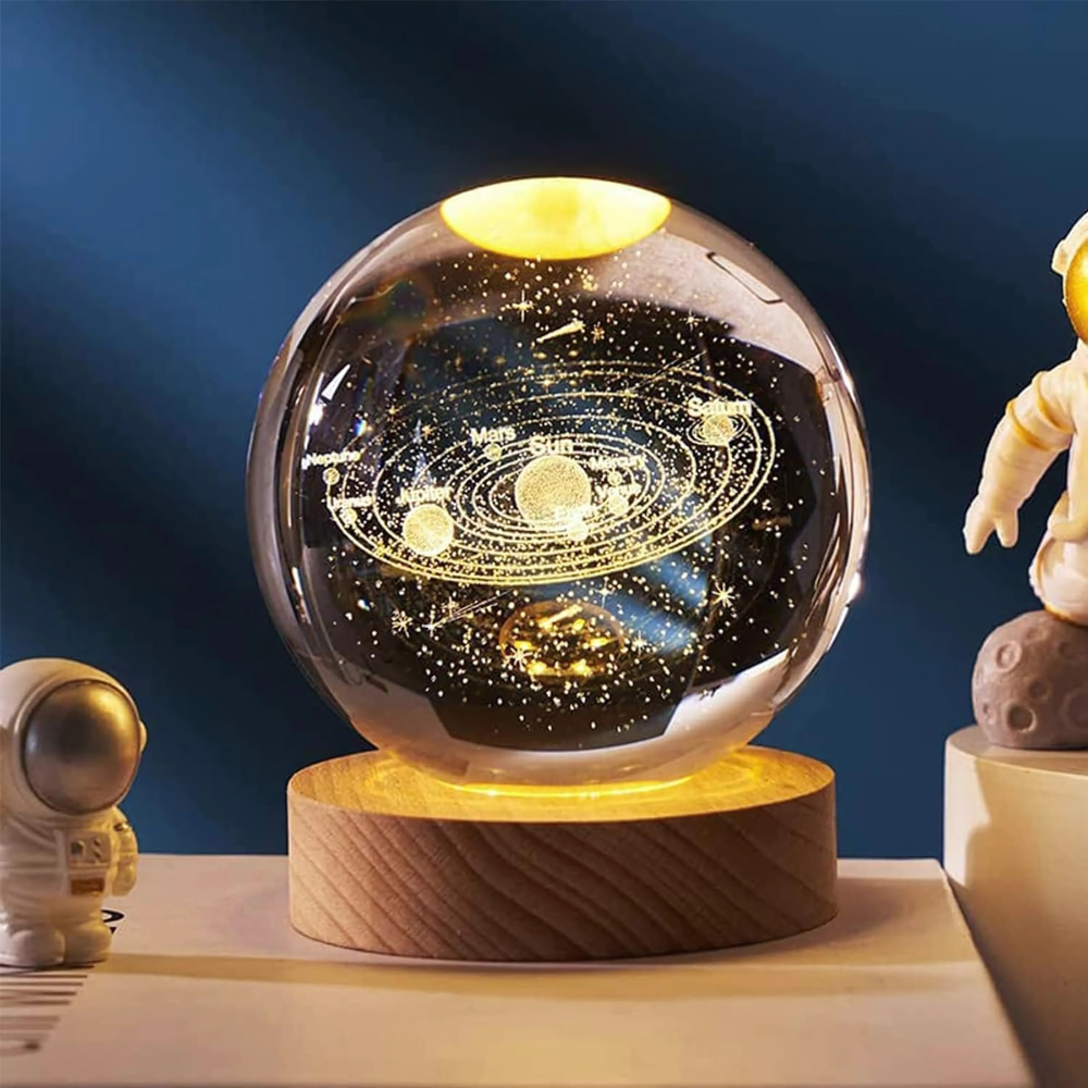 3D Laser-Engraved Crystal Solar System Globe - Illuminated Night Light & Astronomy Décor Gift