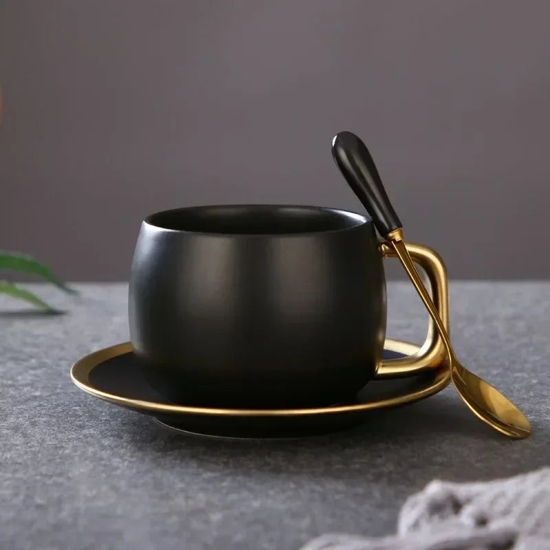 280Ml Luxury Black Gold Marble Ceramic Coffee Cup Concentrated Tea Juice Breakfast Milk Cup with Plate Spoon Set Tea Set