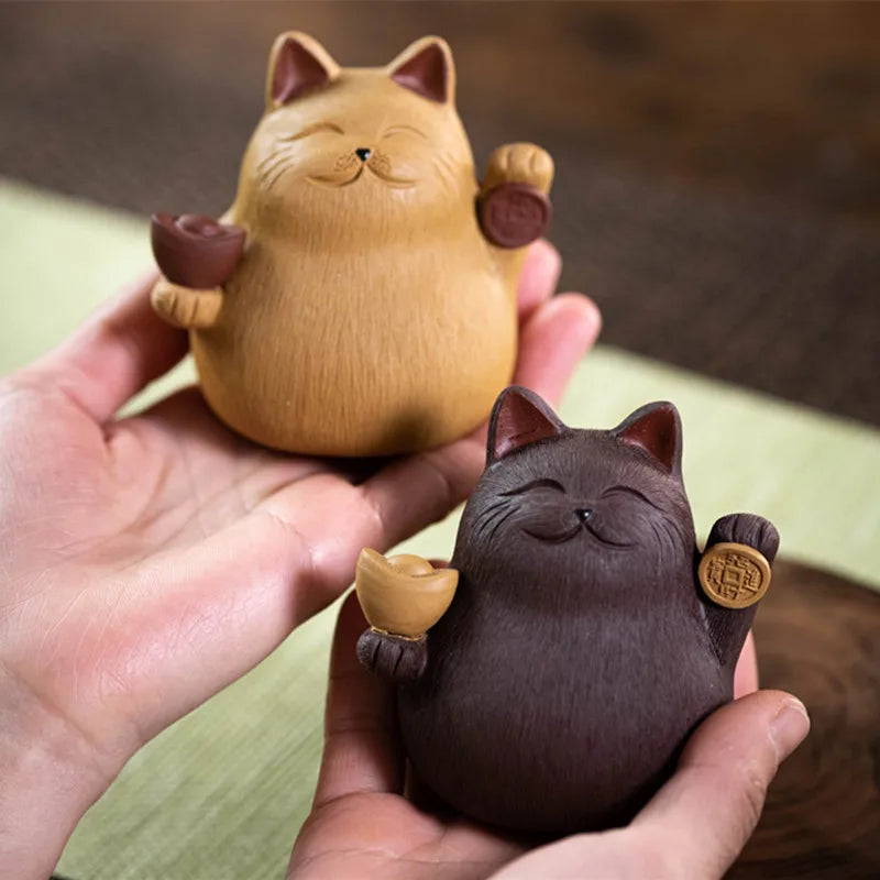 Handmade Purple Clay Lucky Cat Tea Pet – Creative Ingot Sculpture for Tea Set Décor