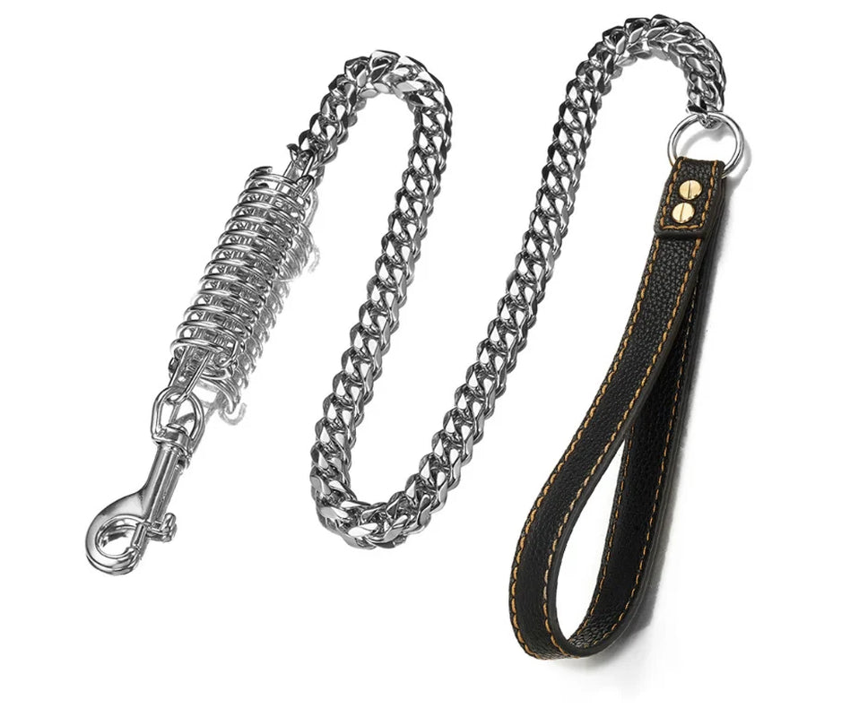 Heavy-Duty 316 Stainless Steel Dog Leash - Strong and Durable with Leather Handle, Perfect for Large Breeds