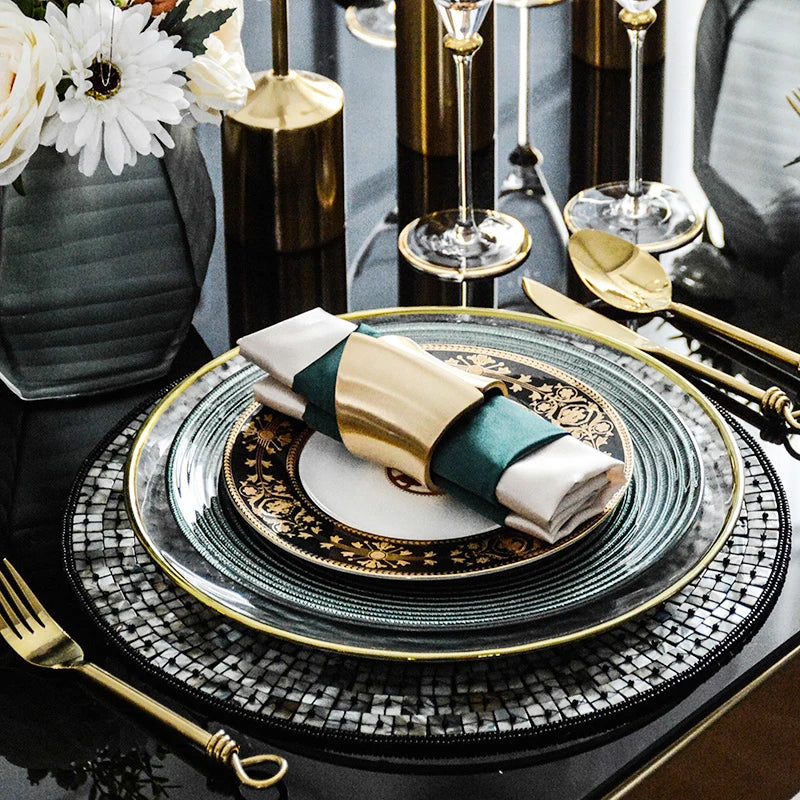 Classic Black with Gold Pattern Porcelain Tableware Set Plate Tableware Dinnerware Tableware Cutlery Set Glass Dinner Service