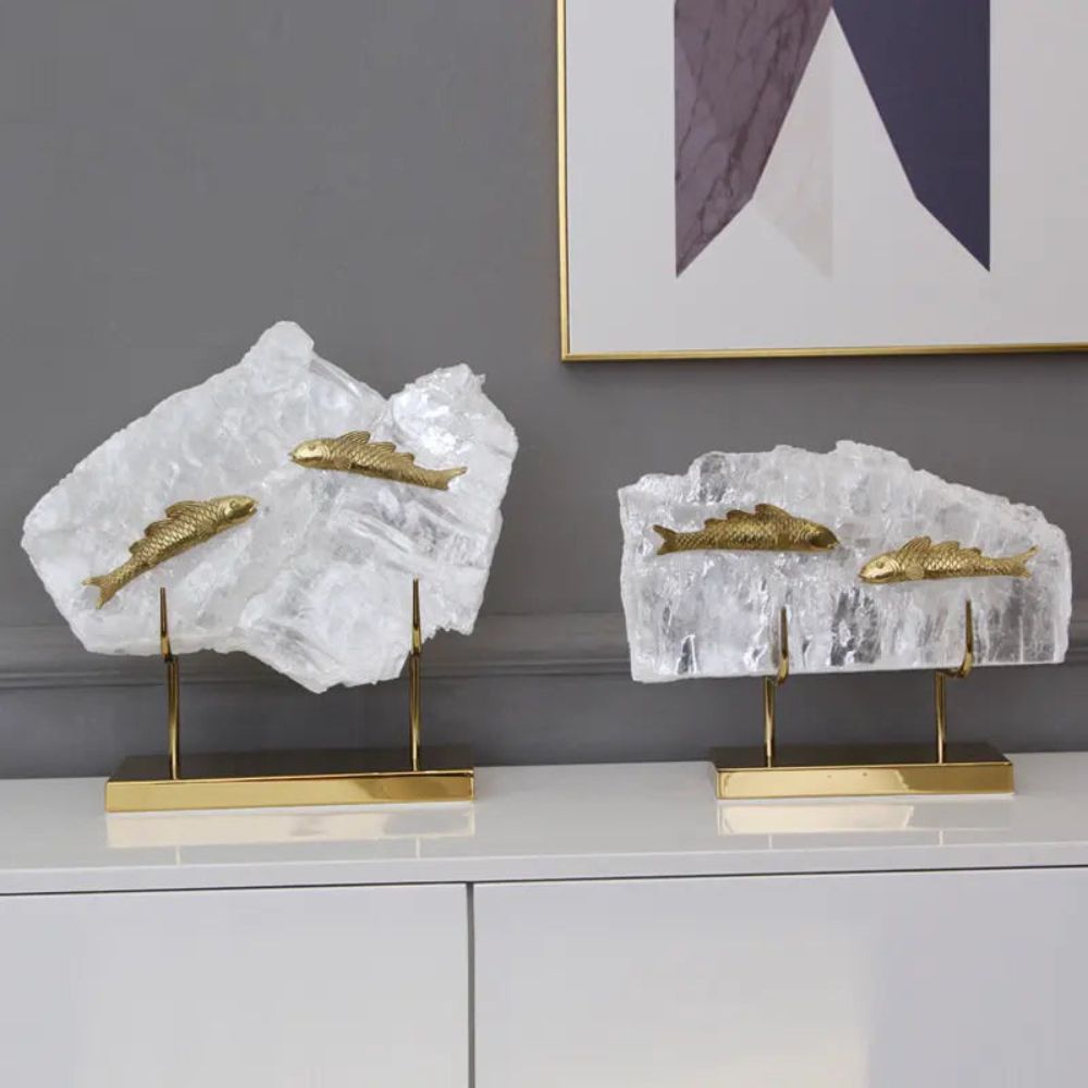 Brass Fish Crystal Ornament – Exquisite Natural Crystal Sculpture for Elegant Home Décor