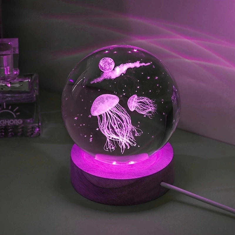 3D Laser Engraved Jellyfish Crystal Ball – LED Night Light Gift for Any Occasion