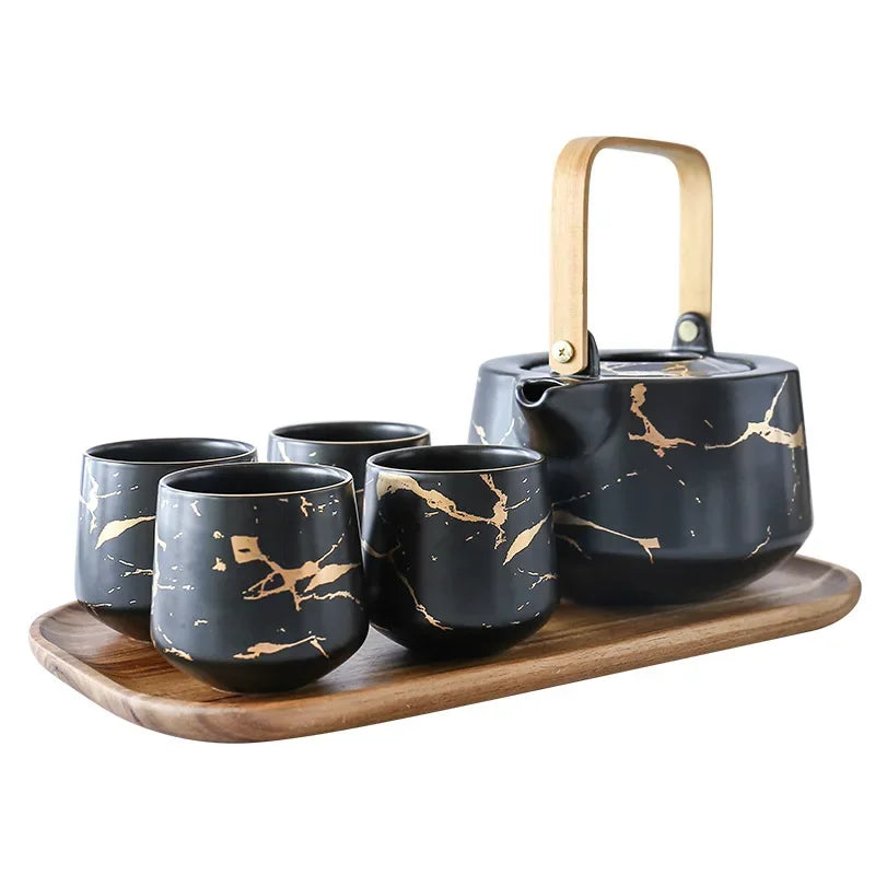 Marbling Household Tea Set Japanese-Style Black and White Ceramic Afternoon Tea Cup with Acacia Mangium Base Support Teapot