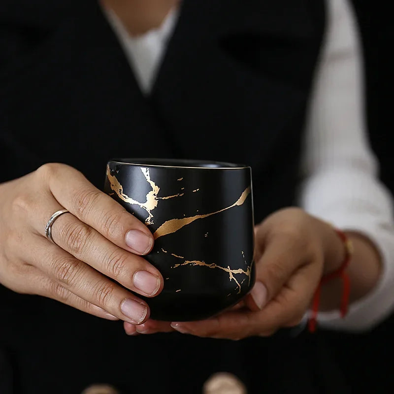 Marbling Household Tea Set Japanese-Style Black and White Ceramic Afternoon Tea Cup with Acacia Mangium Base Support Teapot