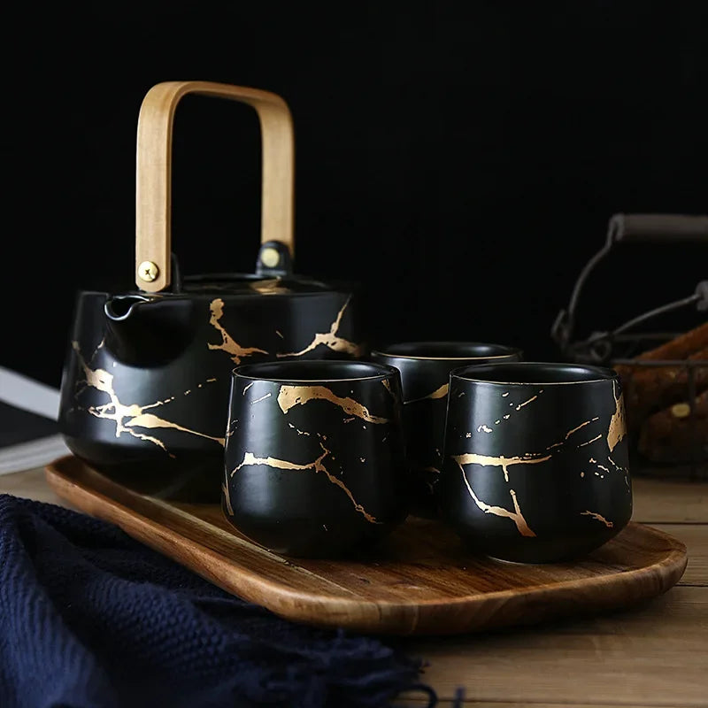 Marbling Household Tea Set Japanese-Style Black and White Ceramic Afternoon Tea Cup with Acacia Mangium Base Support Teapot