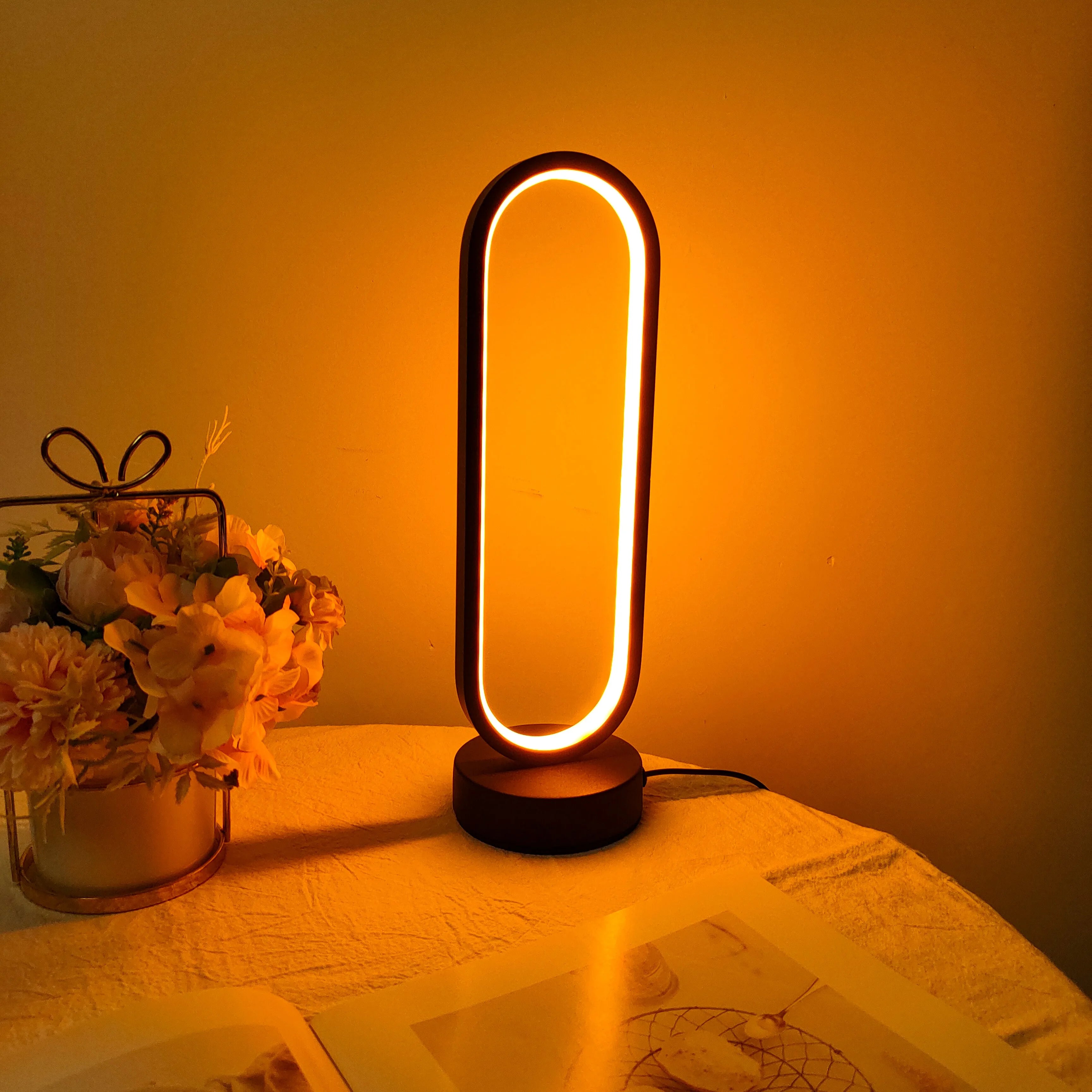 LED Bedside Ring Lamp – Three Color Dimming Night Light for Bedroom & Living Room