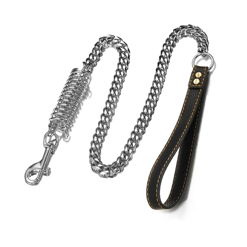 Heavy-Duty 316 Stainless Steel Dog Leash - Strong and Durable with Leather Handle, Perfect for Large Breeds