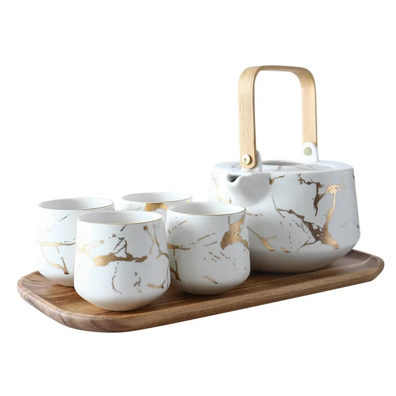 Marbling Household Tea Set Japanese-Style Black and White Ceramic Afternoon Tea Cup with Acacia Mangium Base Support Teapot