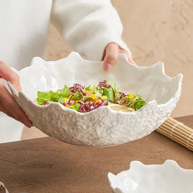 Rock Pattern Lace Bowl Household Special Good-Looking Fruit Salad Bowl Hotel Special-Shaped Tableware Ceramic Large Soup Bowl