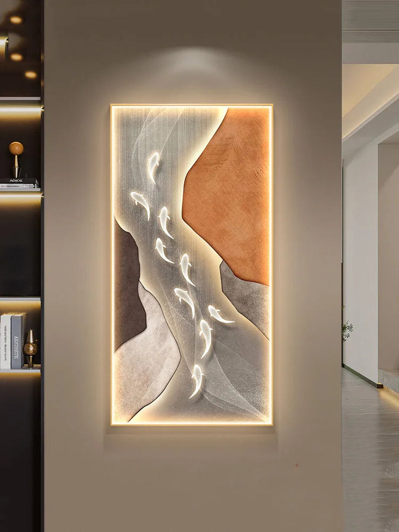 Modern Long Porch Art Decorative Painting Led Light Painting Corridor Hanging Painting Abstract Fish Living Room Mural Lamp E27