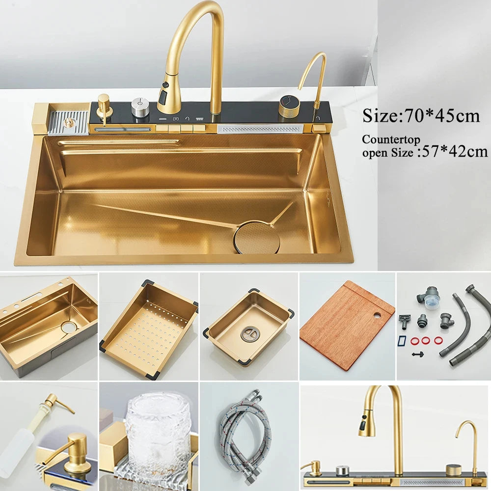 304 Stainless Steel Waterfall Kitchen Sink Large Single Slot Integrated Digital Display Faucet Set Soap Dispenser Cup Washer