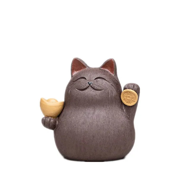 Handmade Purple Clay Lucky Cat Tea Pet – Creative Ingot Sculpture for Tea Set Décor