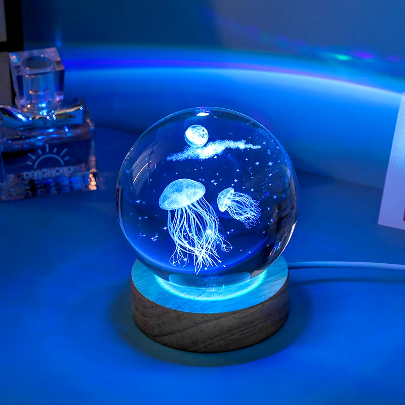 3D Laser Engraved Jellyfish Crystal Ball – LED Night Light Gift for Any Occasion